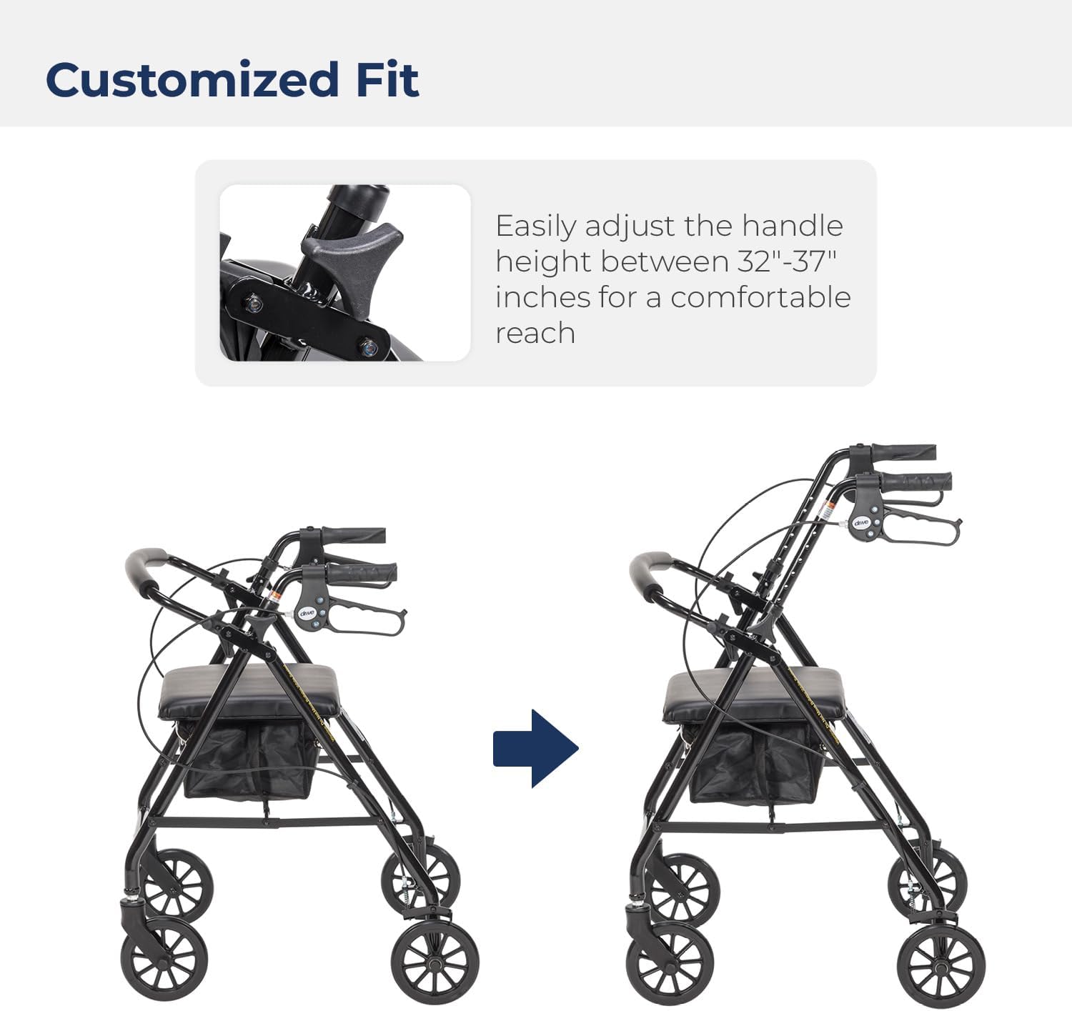 4 Wheel Rollator McKesson Black Adjustable Height / Folding Aluminum Frame, Packaging Type- Each