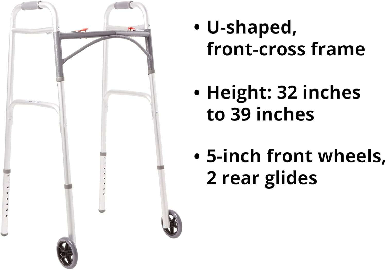 Dual Release Folding Walker with Wheels Adjustable Height McKesson Aluminum Frame 350 lbs. Weight Capacity 32 to 39 Inch Height