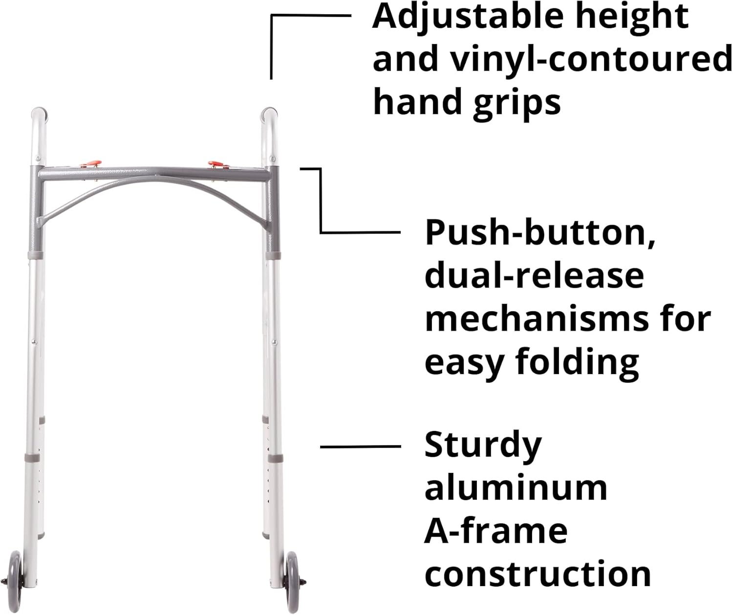 Dual Release Folding Walker with Wheels Adjustable Height drive Steel Frame 350 lbs. Weight Capacity 32 to 39 Inch Height