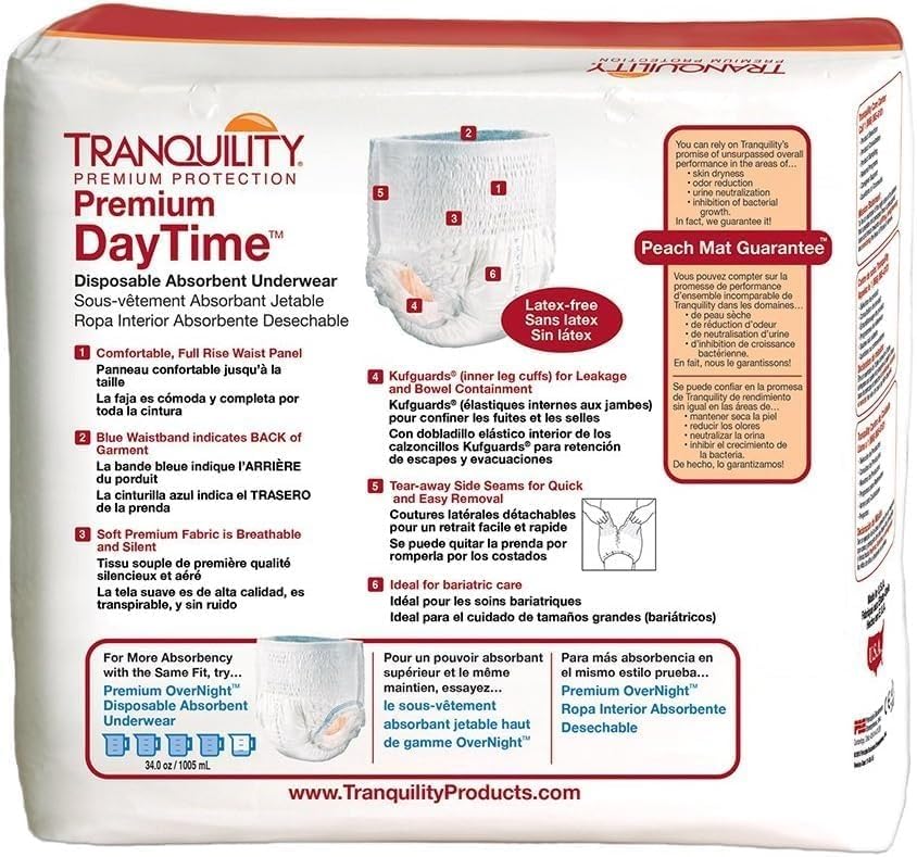 Unisex Adult Absorbent Underwear Tranquility Premium DayTime Pull On with Tear Away Seams 2X-Large Disposable Heavy Absorbency, Packaging Type- Case