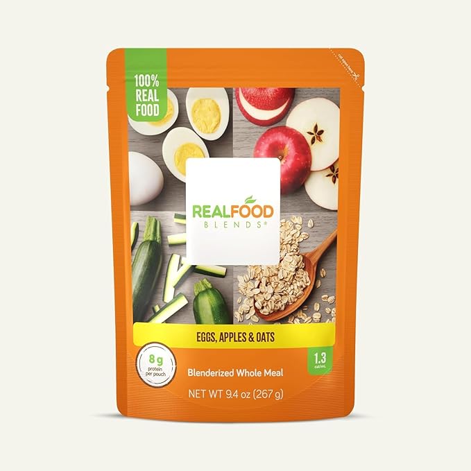Tube Feeding Formula Real Food Blends Apples, Whole Eggs, Water, Zucchini, Falxseed Oil, Rolled Oats (Oats are certified gluten-free.) Liquid 9.4 oz. Pouch