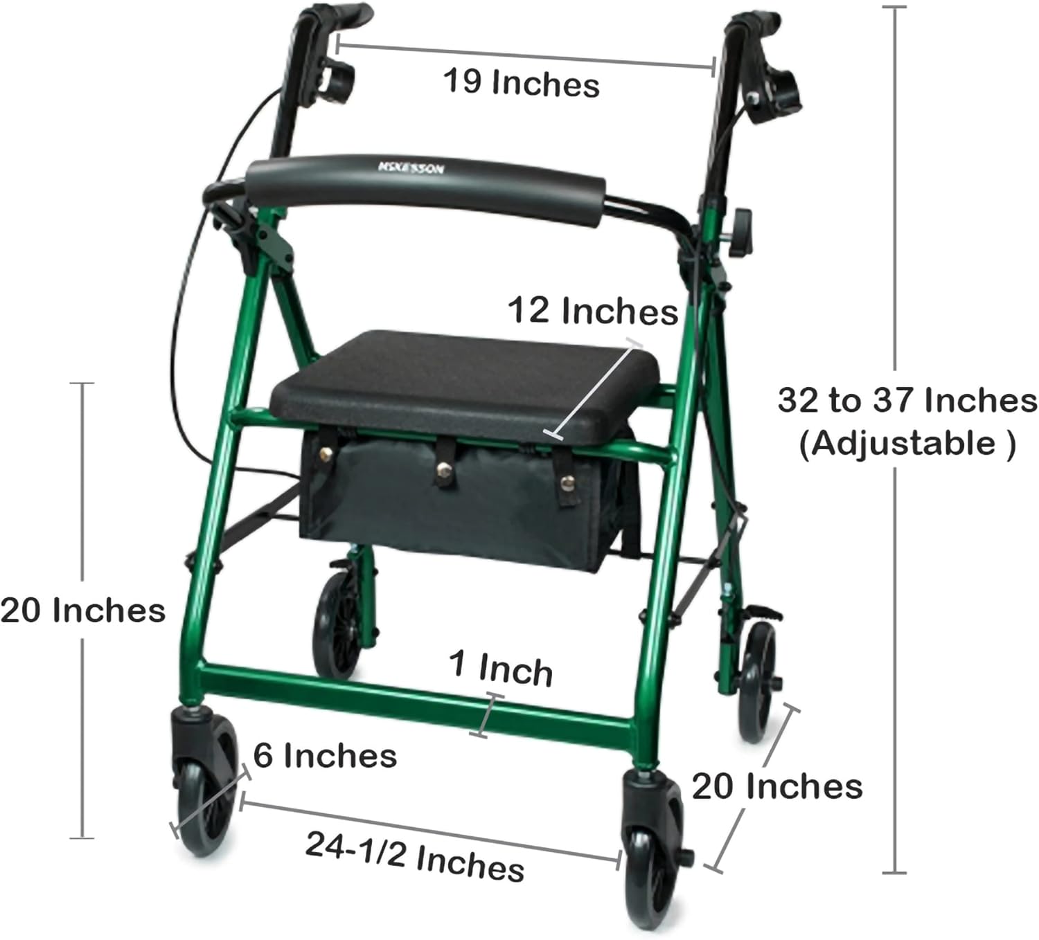 4 Wheel Rollator McKesson Green Adjustable Height / Folding Aluminum Frame