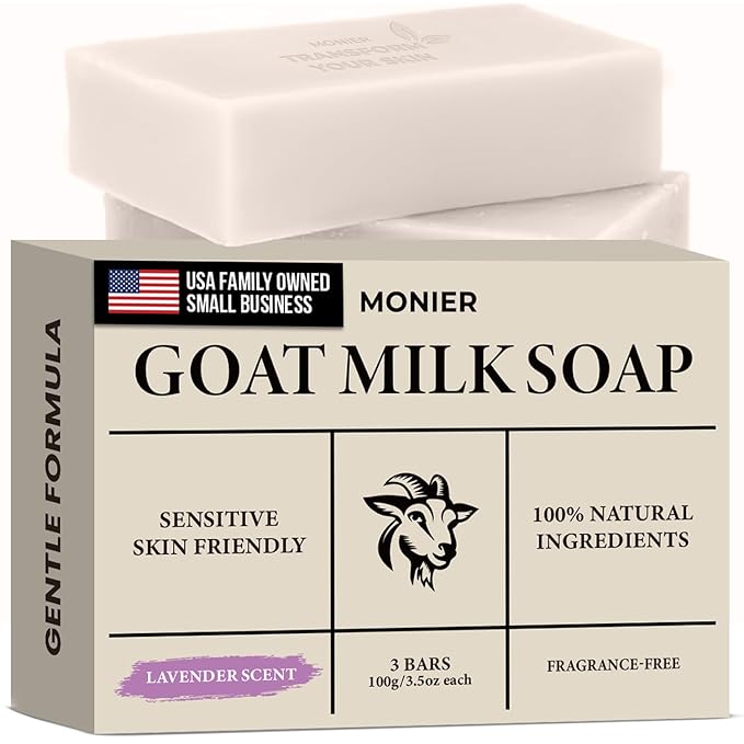 MONIER Goat Milk Soap Bar For Dry & Sensitive Skin - 100% Natural & Organic Skin Care - Enriched with Shea Butter - Use on Face, Body & Hands - For Men, Women, Kids & Baby (Lavender, 3 Pack)