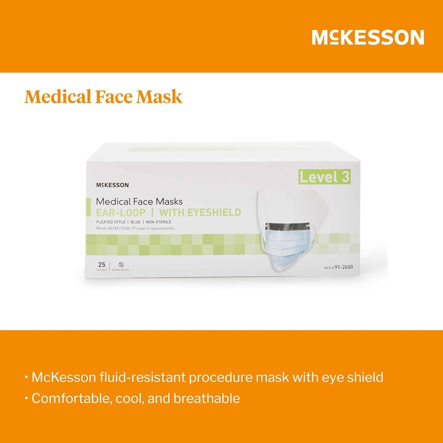 Procedure Mask with Eye Shield McKesson Anti-fog ASTM Level 3 Earloops One Size Fits Most