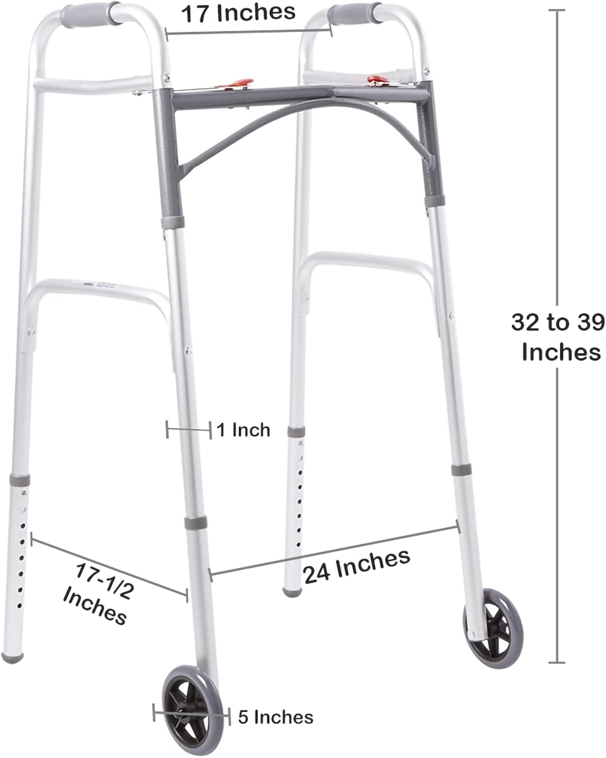 Dual Release Folding Walker with Wheels Adjustable Height McKesson Aluminum Frame 350 lbs. Weight Capacity 32 to 39 Inch Height