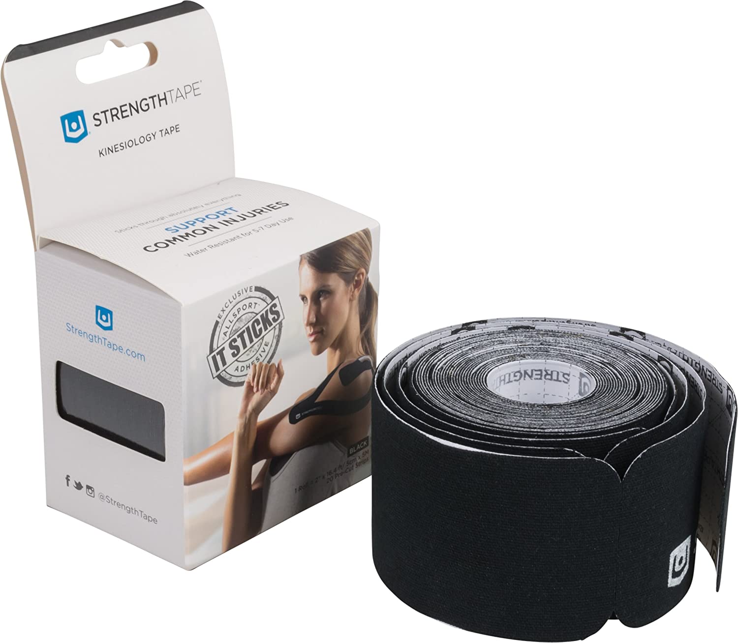 StrengthTape Kinesiology Tape, 5M, Black 5M Precut Roll