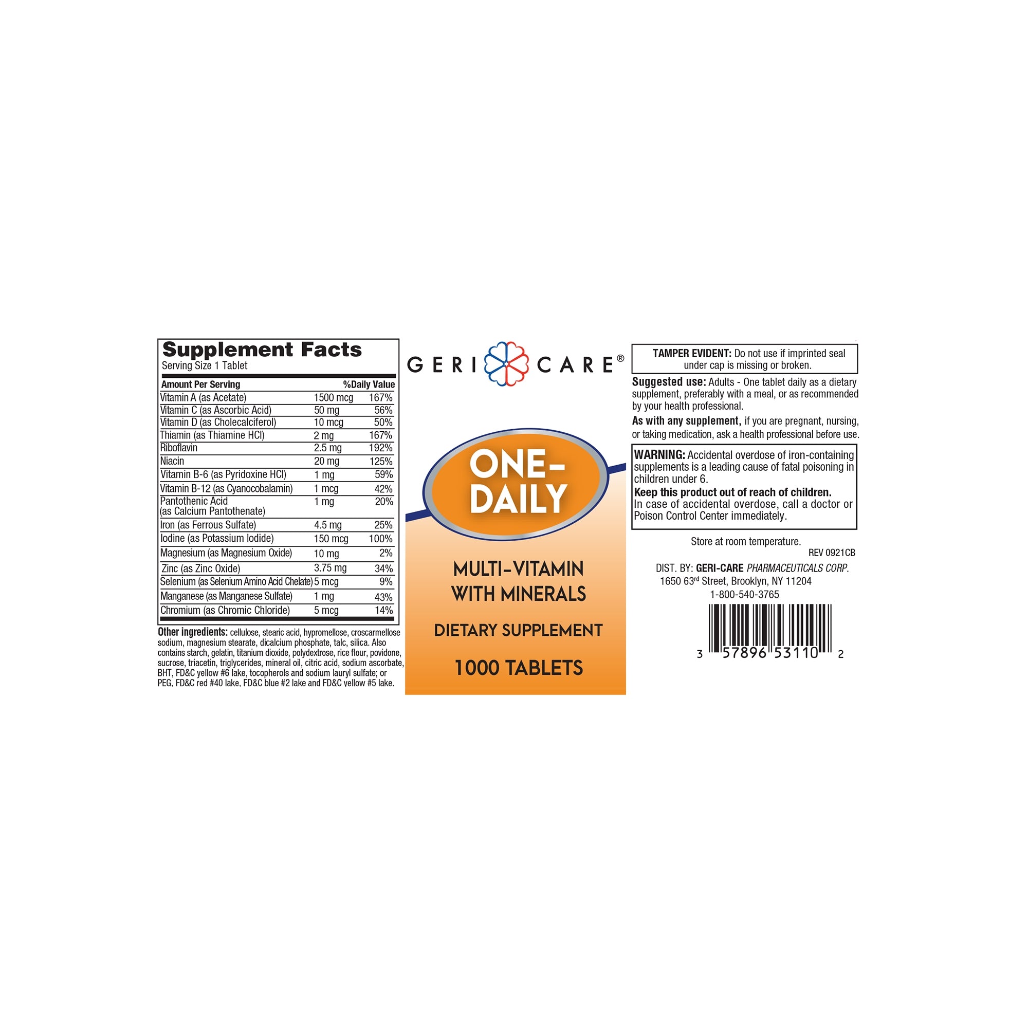 Multivitamin Supplement with Minerals Geri-Care Tablet 1,000 per Bottle | 12BT/Case)