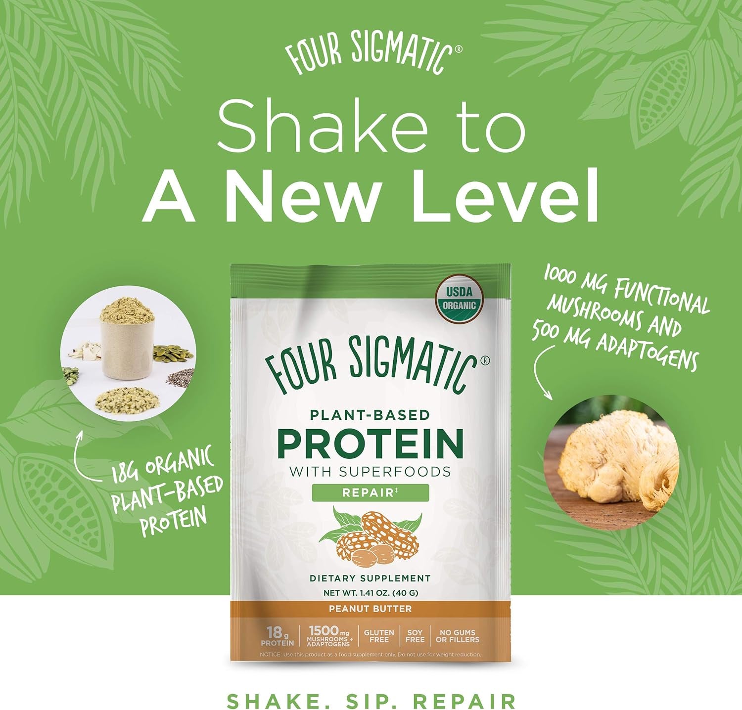 Peanut Butter Superfood Protein Organic Plant-Based Protein with Chaga Mushroom & Ashwagandha | Supports Immune Function & Muscle Repair | Vegan | 1.41 Ounce (Pack of 10)