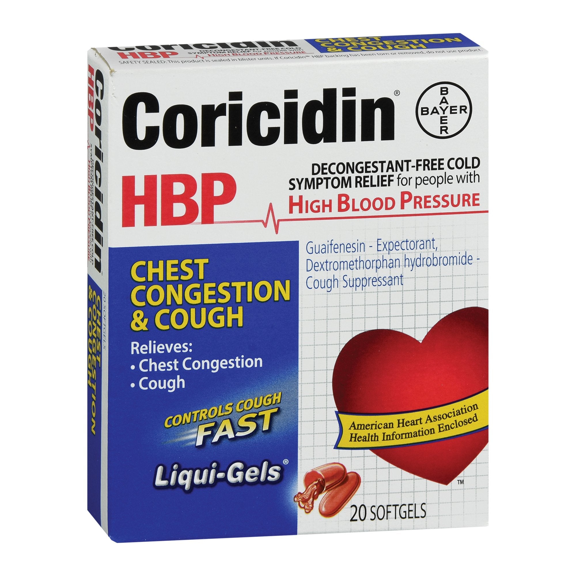 Cold and Cough Relief Coricidin HBP Chest Congestion & Cough 200 mg - 10 mg Strength Softgel 20 per Bottle
