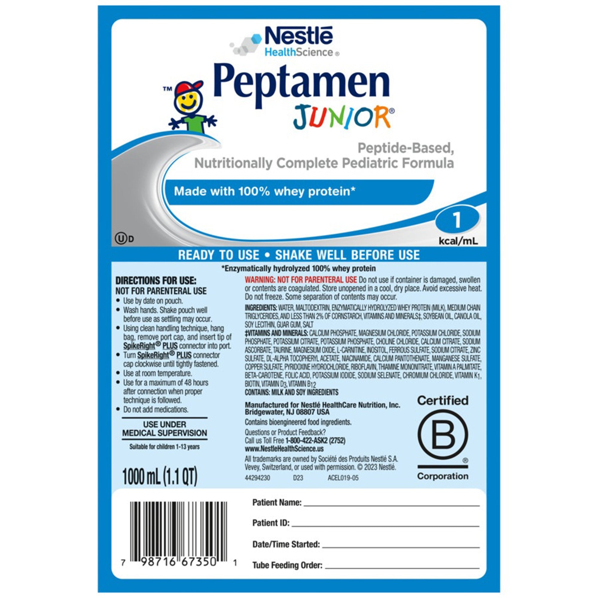Pediatric Tube Feeding Formula Peptamen Junior Unflavored 1000 mL Bag Liquid Whey Protein Impaired GI Function, Packaging Type- Case