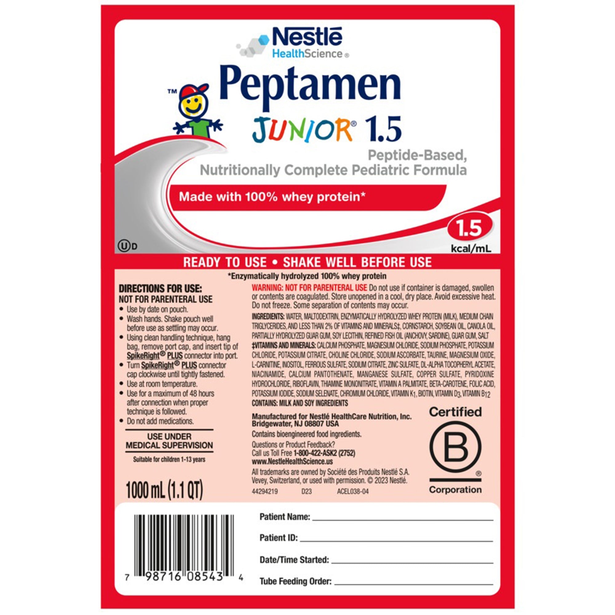 Pediatric Tube Feeding Formula Peptamen Junior 1.5 Unflavored 1000 mL Bag Liquid Whey Protein Impaired GI Function, Packaging Type- Case
