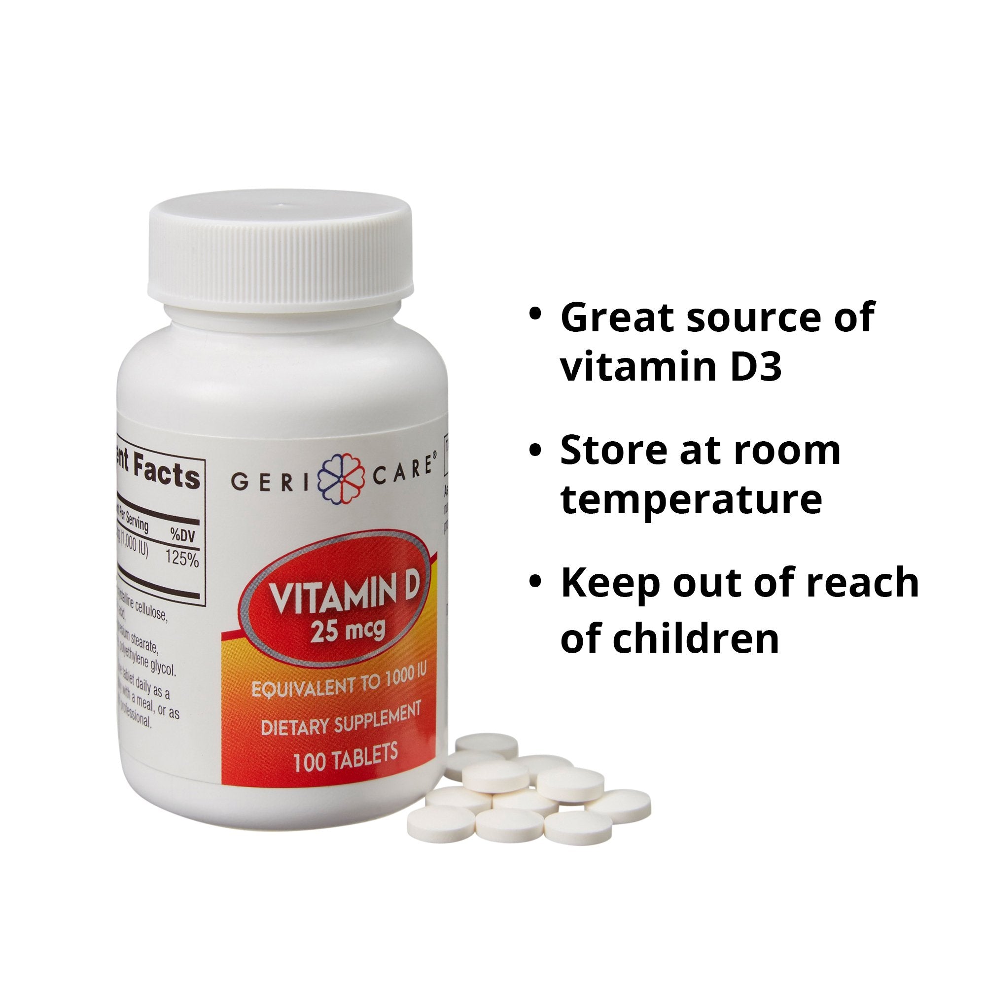 Vitamin Supplement Geri Care® Vitamin D3 400 IU Strength Tablet 100 per Bottle