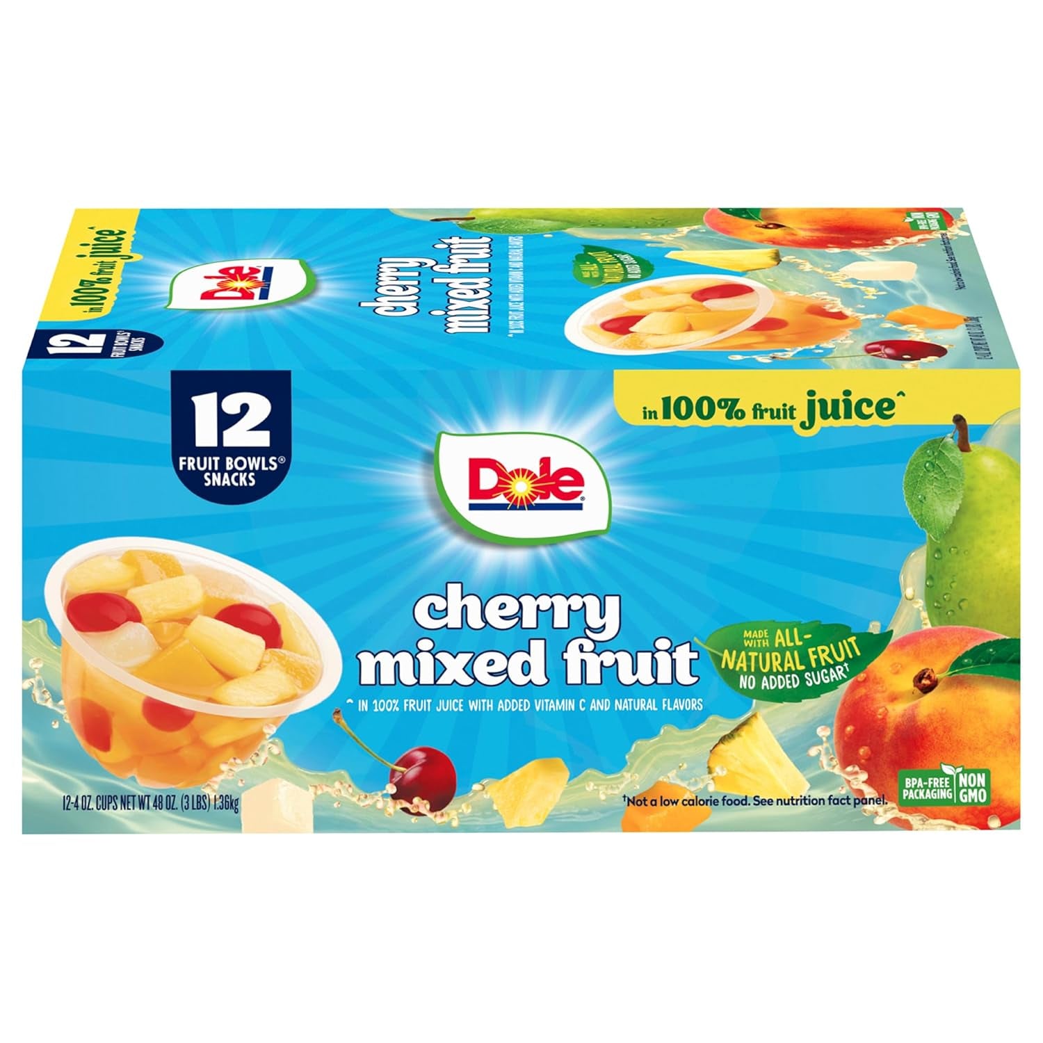 Fruit Bowls Snacks Cherry Mixed Fruit in 100% Juice Snacks, 4Oz 12 Total Cups, Gluten & Dairy Free, Bulk Lunch Snacks for Kids & Adults