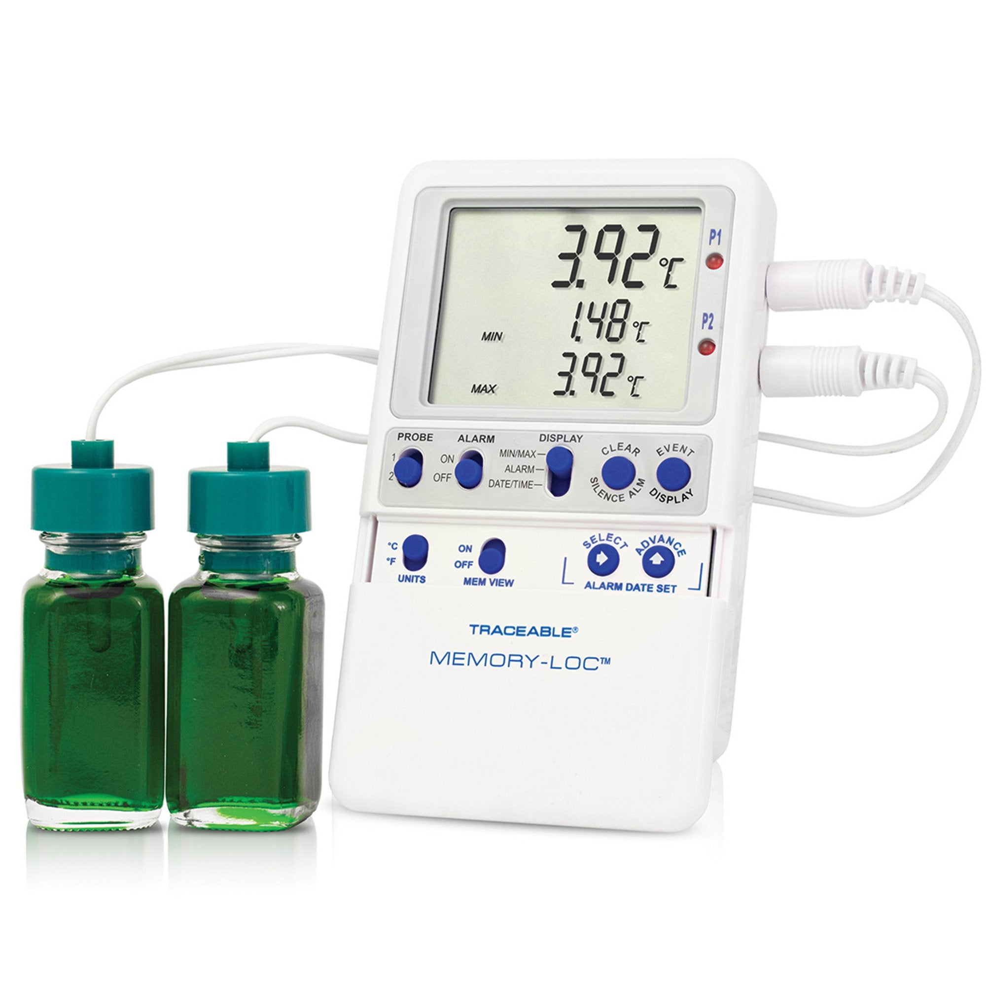 Datalogging Refrigerator / Freezer Thermometer with Alarm Traceable Memory-Loc Fahrenheit / Celsius -58° to +158°F (-50° to +70°C) 2 Glycol Bottle Probes Multiple Mounting Options Battery Operated