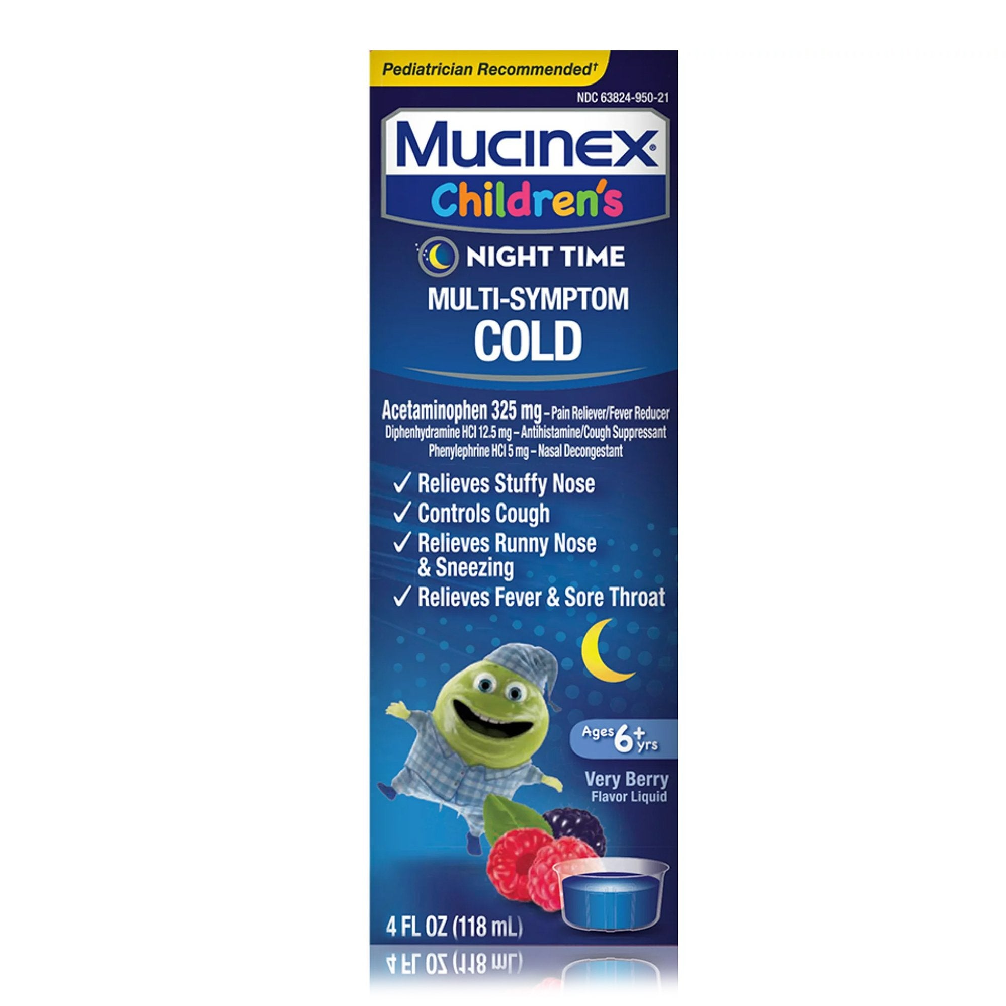 Children's Cold and Cough Relief Children's Mucinex Nighttime Multi Symptom Cold 325 mg   12.5 mg   5 mg / 10 mL Strength Liquid 4 oz.
