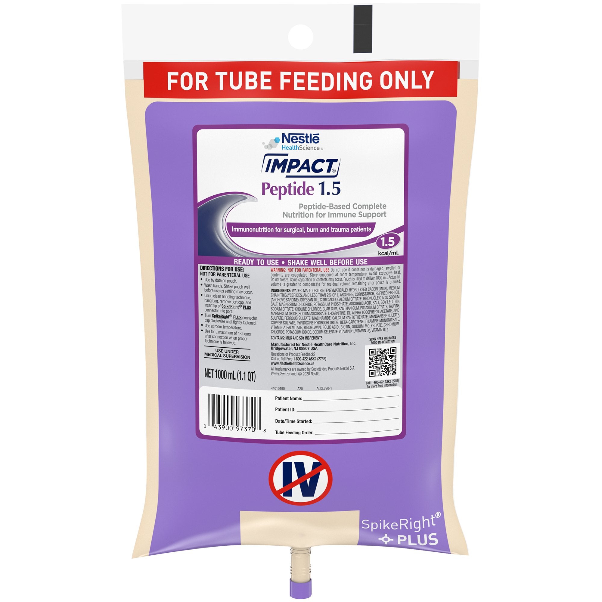 Tube Feeding Formula Impact Peptide 1.5 Unflavored Liquid 1000 mL Ready to Hang Prefilled Container