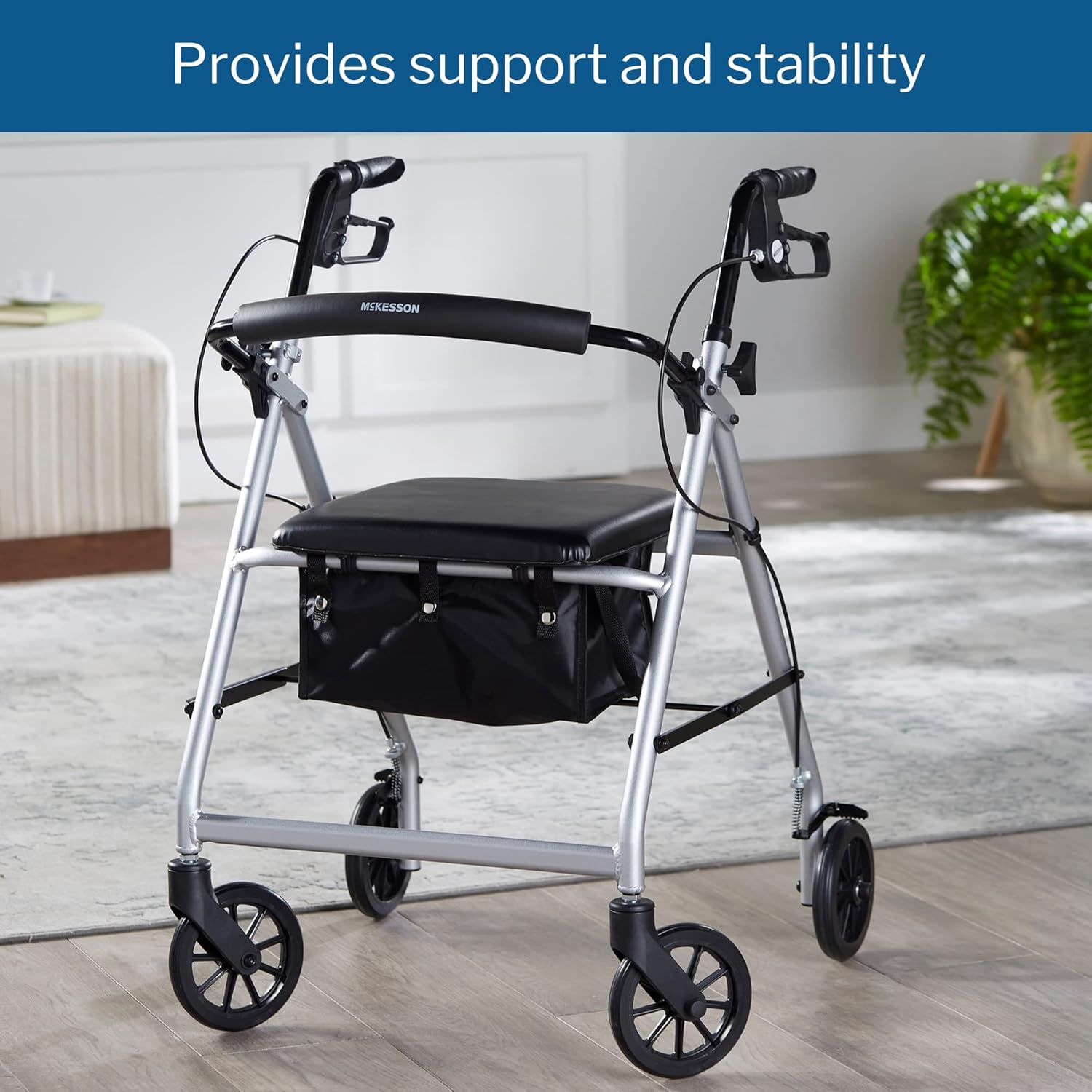 4 Wheel Rollator McKesson Silver Adjustable Height / Folding Aluminum Frame, Packaging Type- Each