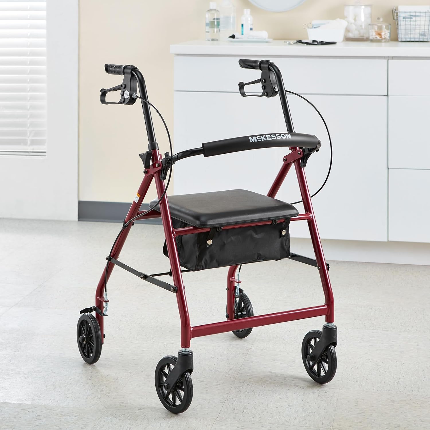 4 Wheel Rollator McKesson Red Adjustable Height / Folding Aluminum Frame, Packaging Type- Each