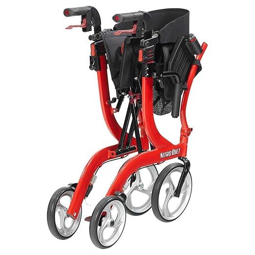 Nitro Dual Function Transport Wheelchair and Rollator Rolling Walker Combo with Hand Activated Brakes and Back Support, Red