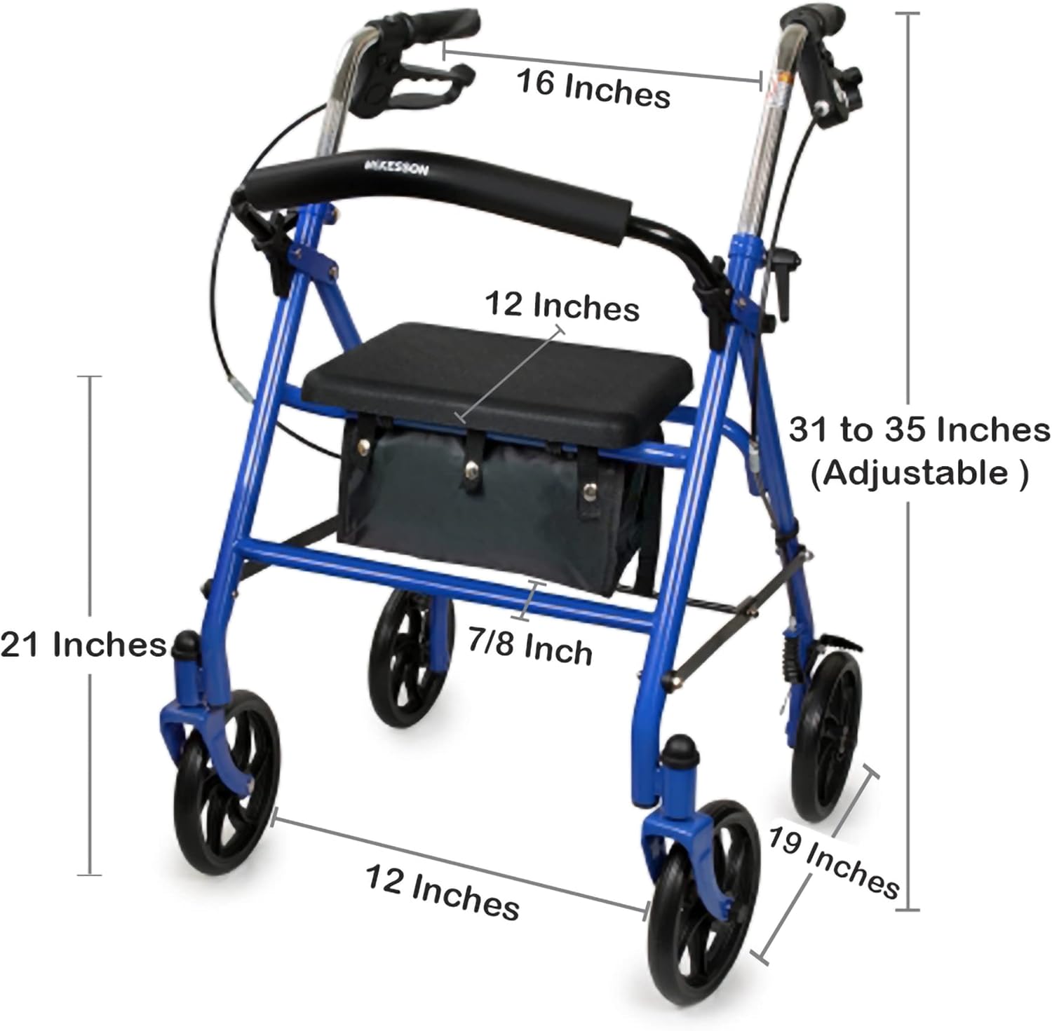 4 Wheel Rollator McKesson Blue Adjustable Height / Folding Steel Frame, Packaging Type- Each