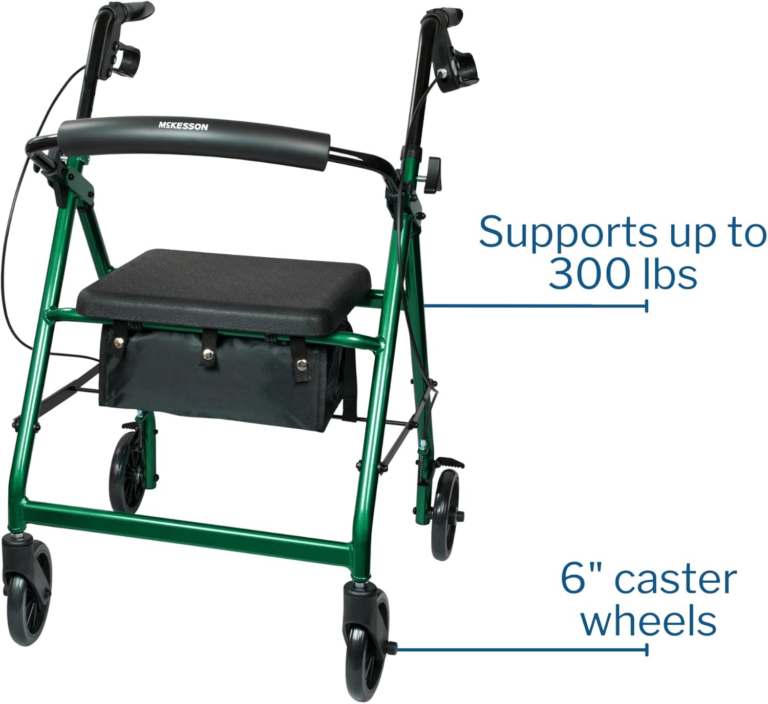 4 Wheel Rollator McKesson Green Adjustable Height / Folding Aluminum Frame