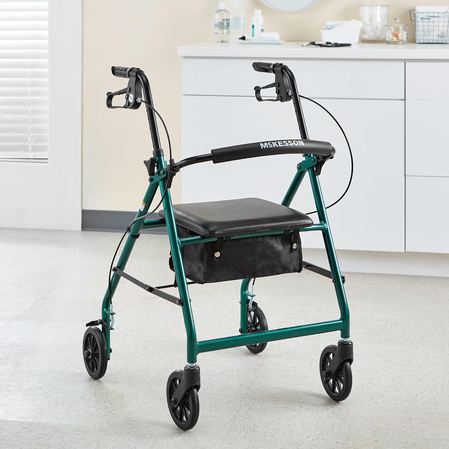 4 Wheel Rollator McKesson Green Adjustable Height / Folding Aluminum Frame