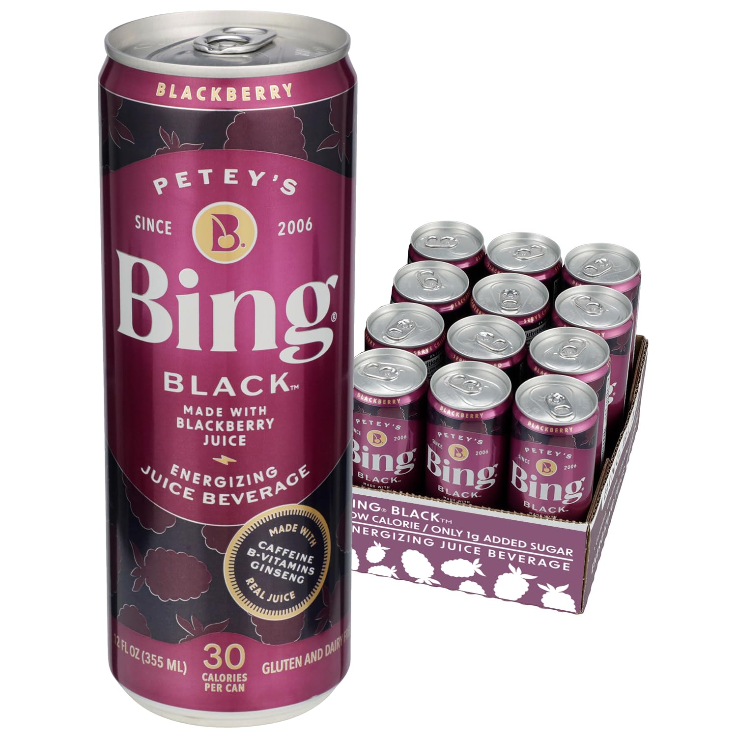 Petey's Bing Black B-vitamins Vitamin C Caffeine & Ginseng Beverage  - Case Of 12 - 12 Fz