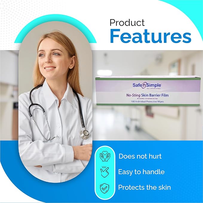 Toallita protectora para la piel, segura y sencilla, sin irritación, 60 %/20 % de concentración, agua purificada, polivinilpirrolidona, glicerina y propilenglicol, paquete individual estéril. Tipo de embalaje: caja. 