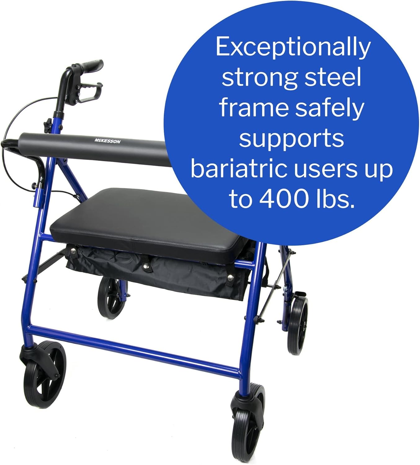 Bariatric 4 Wheel Rollator McKesson Blue Adjustable Height / Heavy Duty / Folding Steel Frame