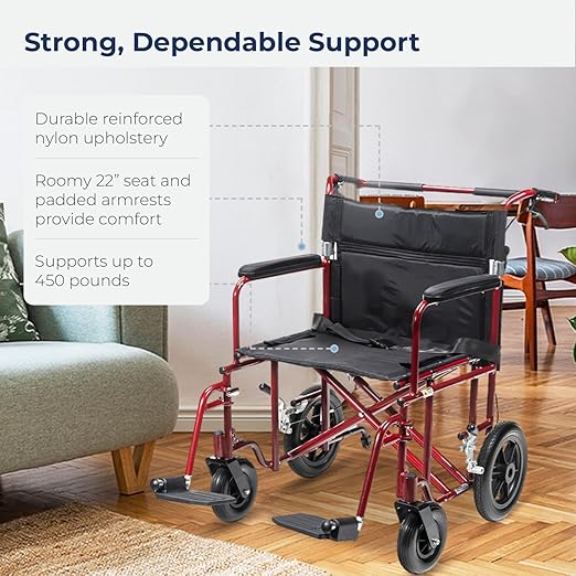 Drive Medical ATC22-R Transport Chair  22  Bariatric Red W/12 Rear Flat Free Wheels