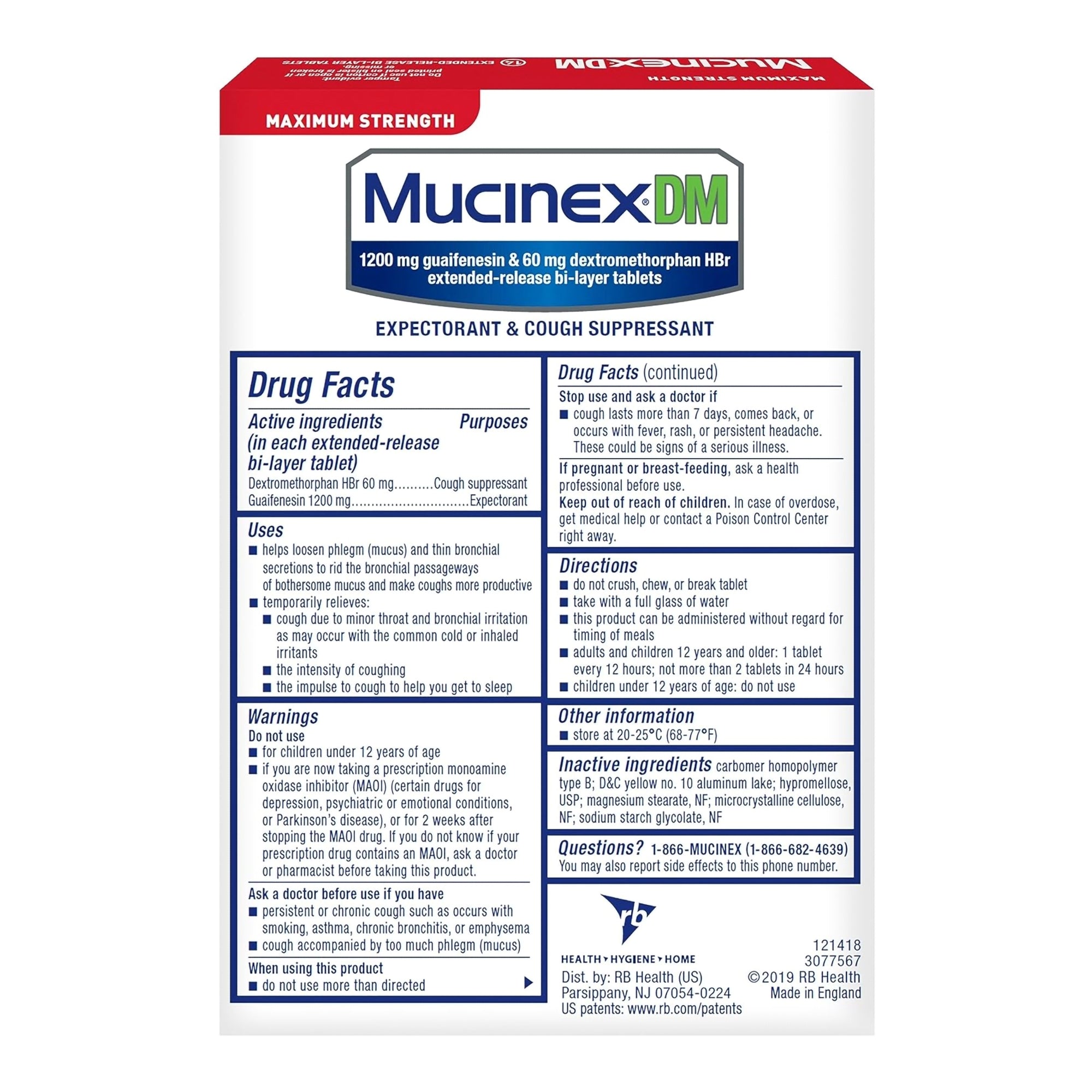 Cold and Cough Relief Mucinex DM 1,200 mg - 60 mg Strength Tablet 14 per Box, Packaging Type- Box