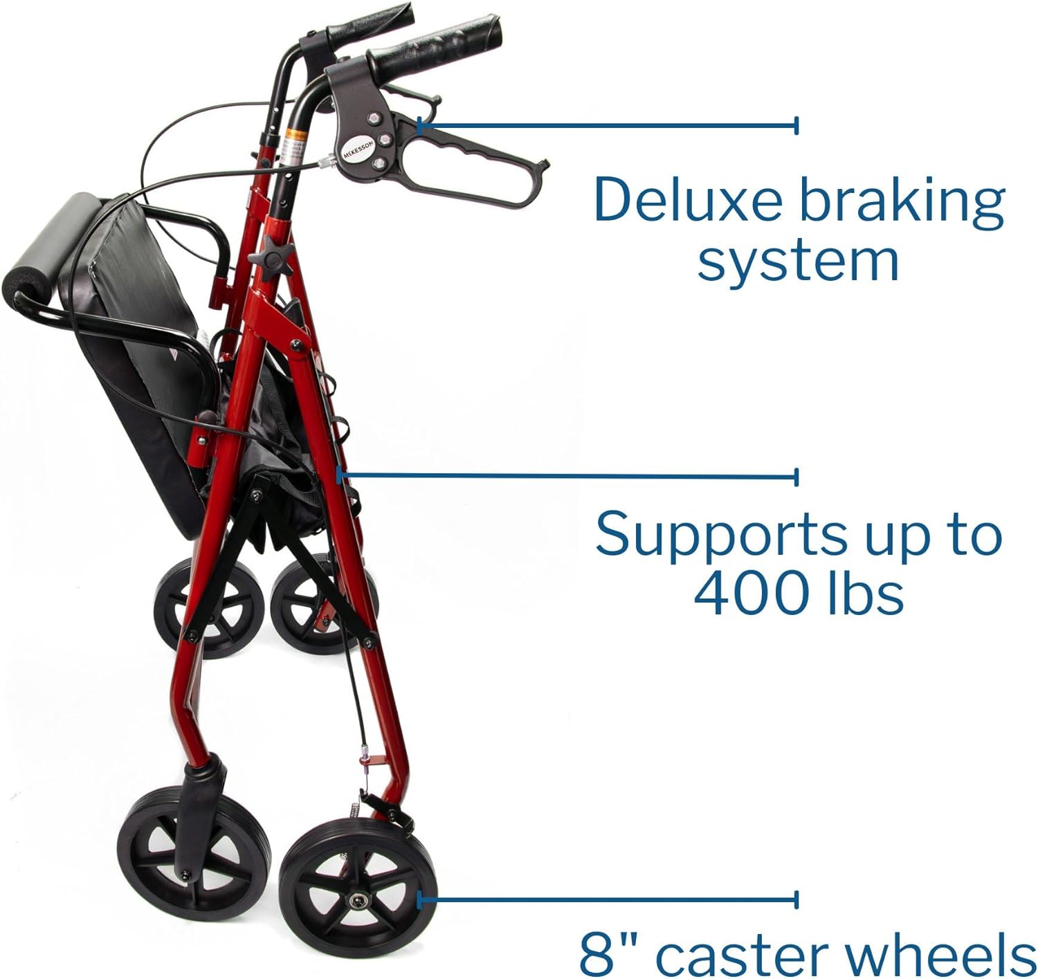 Bariatric 4 Wheel Rollator McKesson Red Adjustable Height / Heavy Duty / Folding Steel Frame