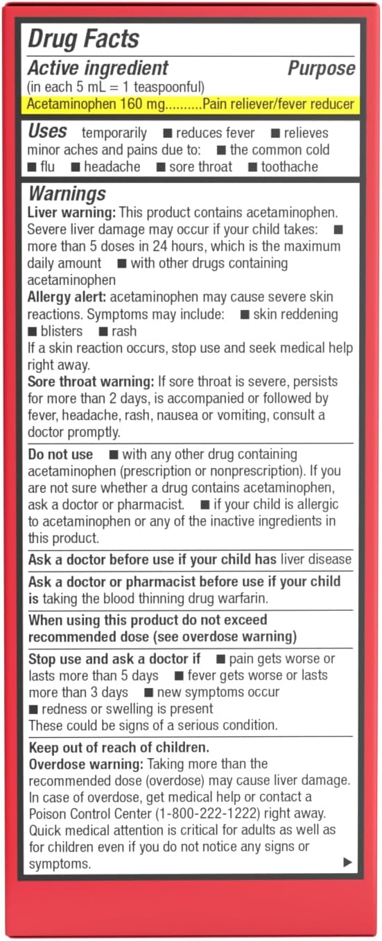 Children's Pain Relief Children's Tylenol 160 mg / 5 mL Strength Acetaminophen Oral Suspension 4 oz.,Packaging Type- Each