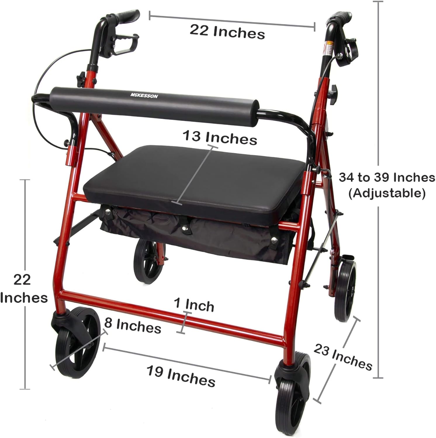 Bariatric 4 Wheel Rollator McKesson Red Adjustable Height / Heavy Duty / Folding Steel Frame
