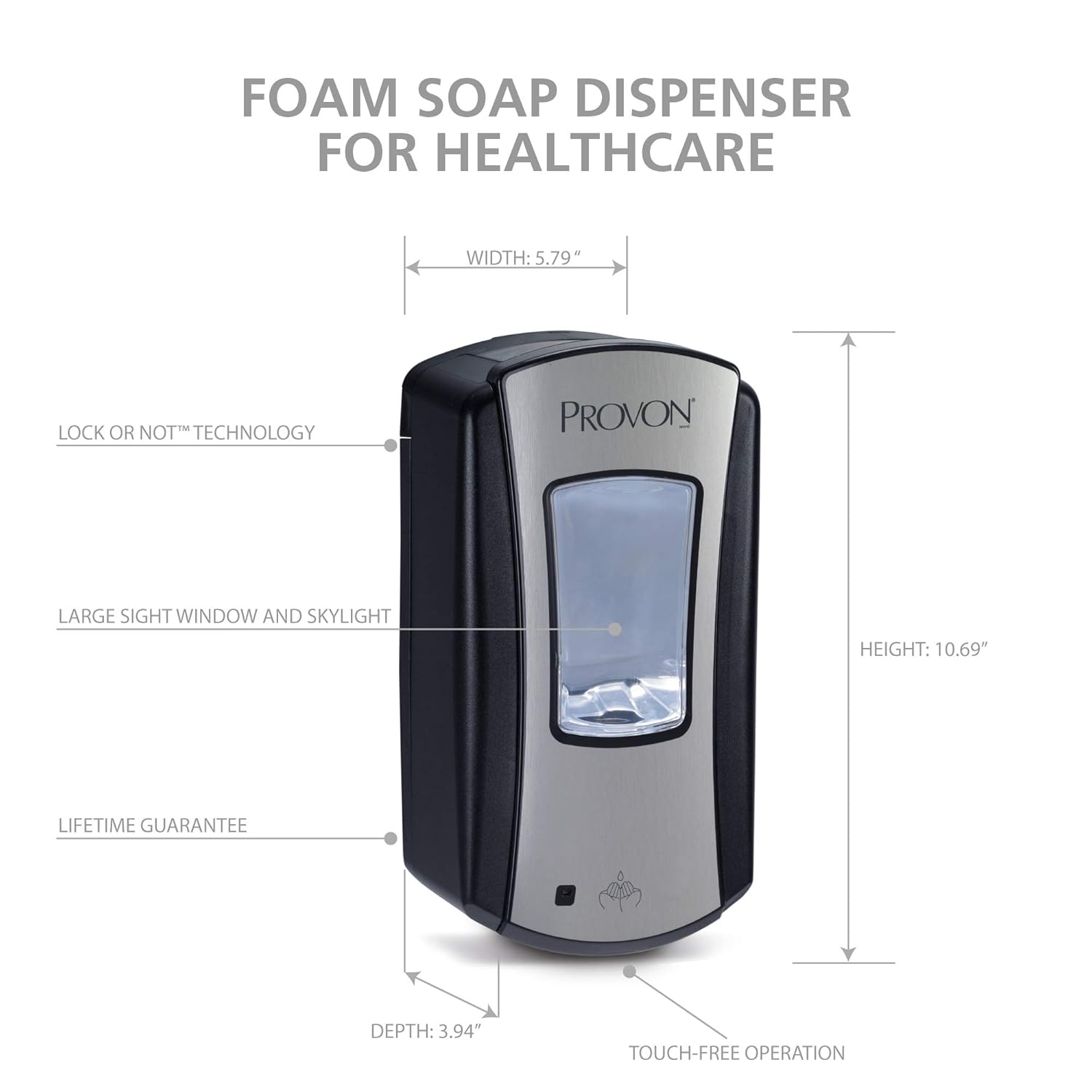 Soap Dispenser PROVON LTX-12 Brushed Chrome / Black Plastic Touch Free 1200 mL Wall Mount
