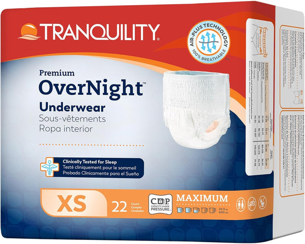 Unisex Adult Absorbent Underwear Tranquility Premium OverNight Pull On with Tear Away Seams X-Small Disposable Heavy Absorbency, Packaging Type- Case