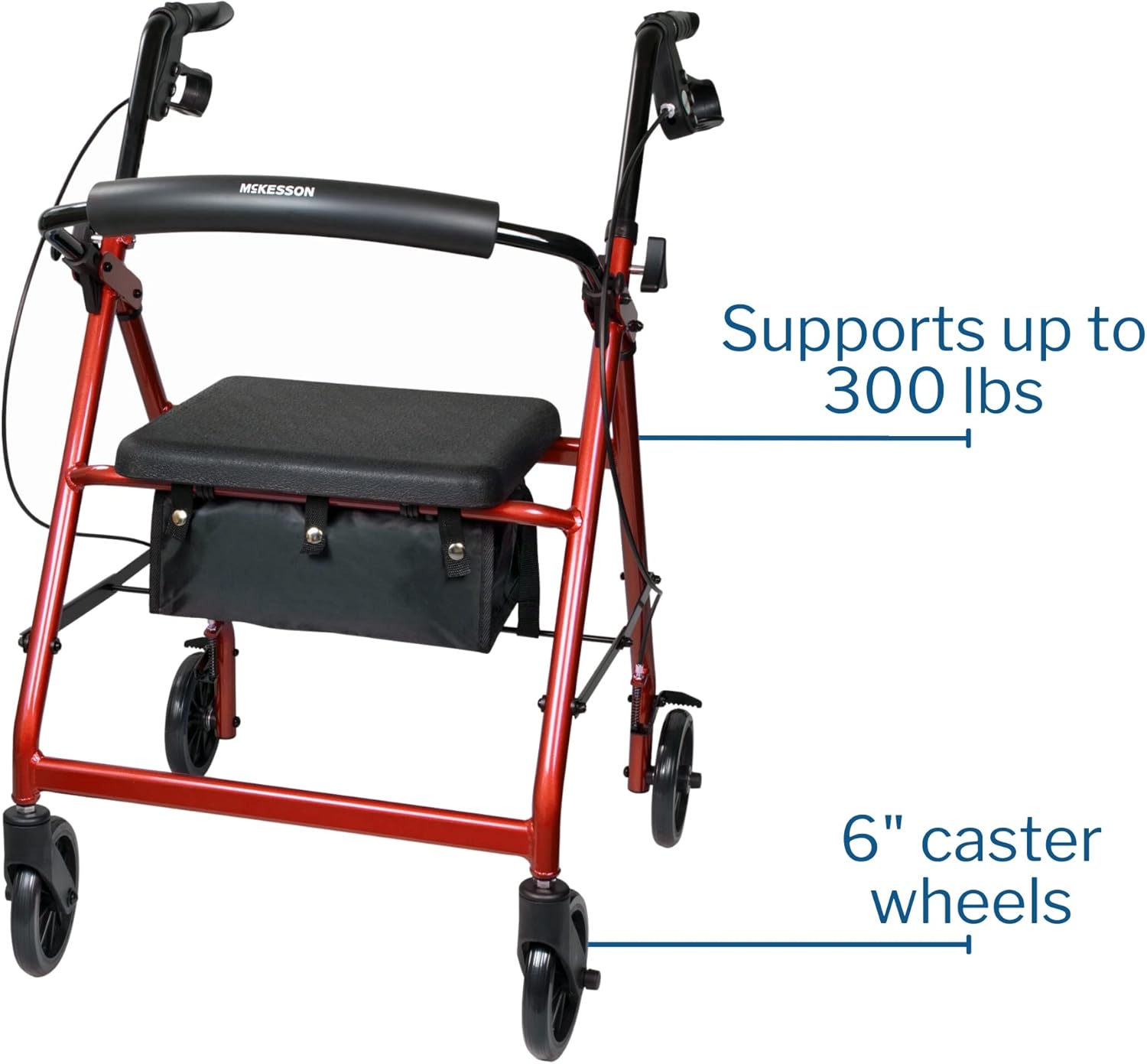 4 Wheel Rollator McKesson Red Adjustable Height / Folding Aluminum Frame, Packaging Type- Each