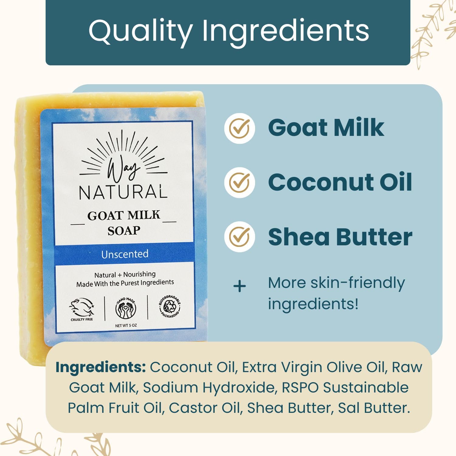 Goat Milk Soap Bar, Unscented - Premium, Handmade w/Real Milk in USA - Hand & Body Goat Soap - Dry, Sensitive Skin, Gentle, No Dyes - (1 Large, 5oz)