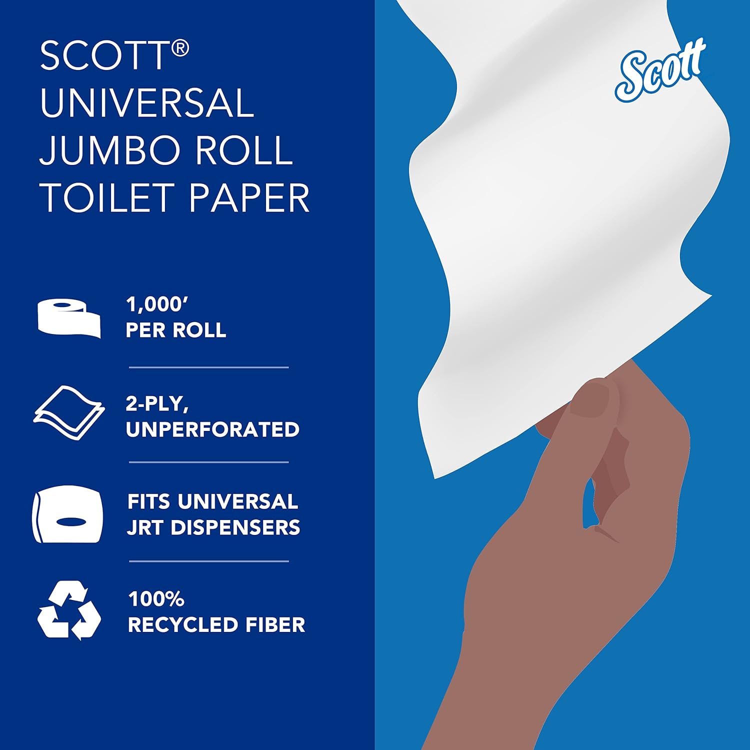 Toilet Tissue Scott Essential 100% Recycled Fiber JRT White 2-Ply Jumbo Size Cored Roll Continuous Sheet 3-11/20 Inch X 1000 Foot, Packaging Type- Case
