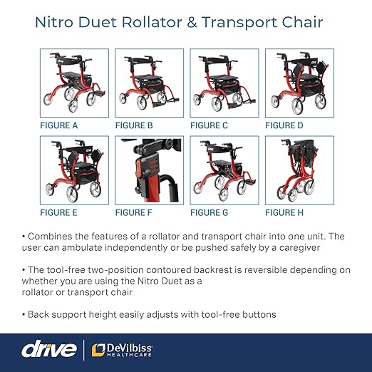 Nitro Dual Function Transport Wheelchair and Rollator Rolling Walker Combo with Hand Activated Brakes and Back Support, Red