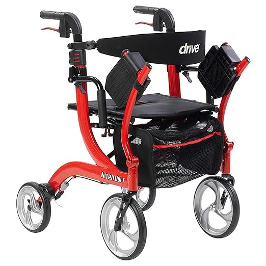 Nitro Dual Function Transport Wheelchair and Rollator Rolling Walker Combo with Hand Activated Brakes and Back Support, Red