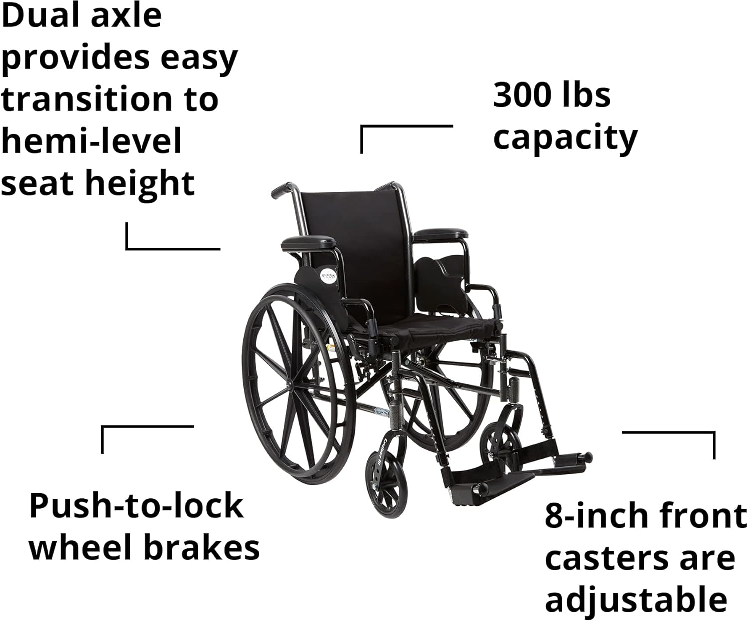 Lightweight Wheelchair McKesson Dual Axle Desk Length Arm Swing-Away Elevating Legrest Black Upholstery 16 Inch Seat Width Adult 300 lbs. Weight Capacity, Packaging Type- Each
