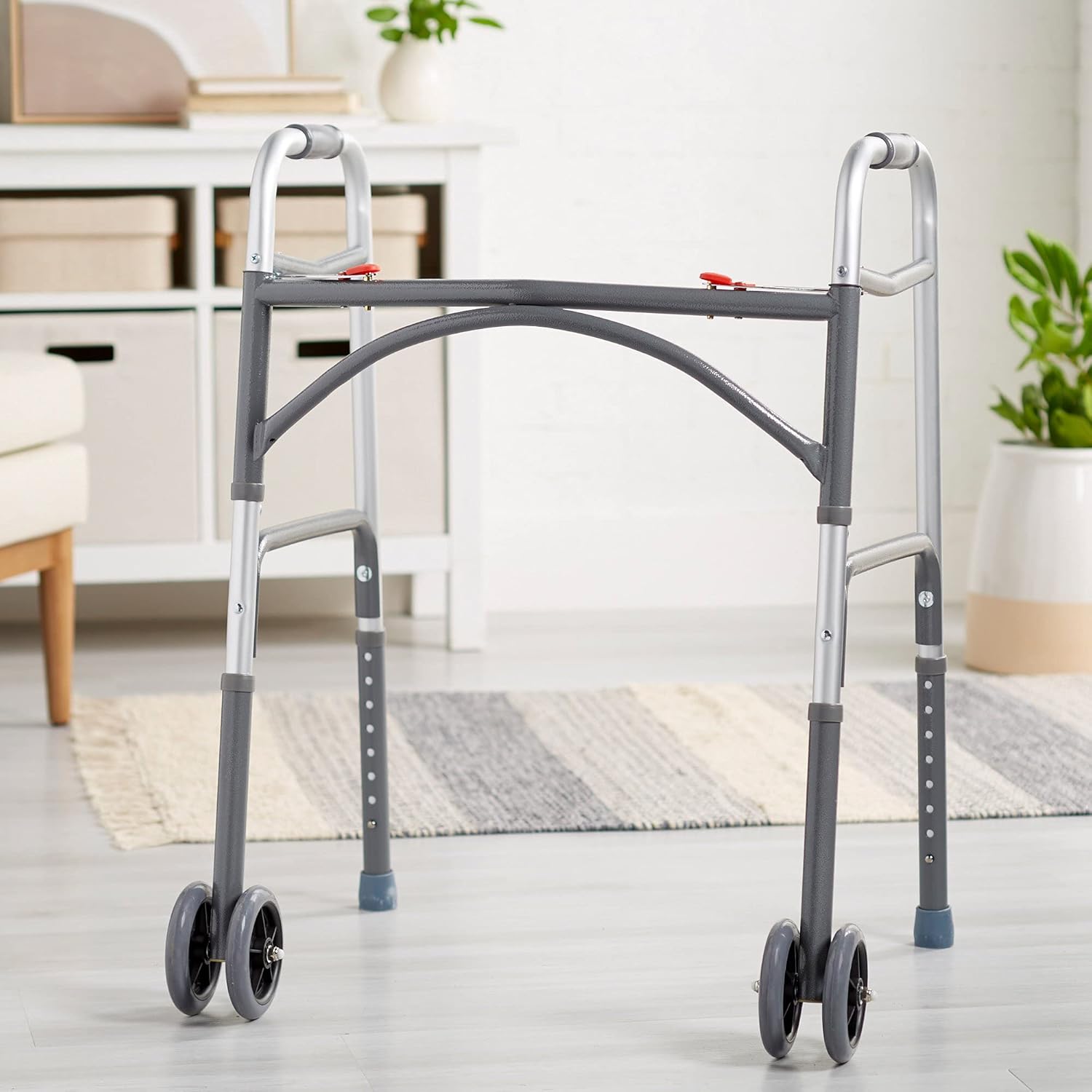 Bariatric Dual Release Folding Walker with Wheels Adjustable Height McKesson Steel Frame 500 lbs. Weight Capacity 32 to 39 Inch Height