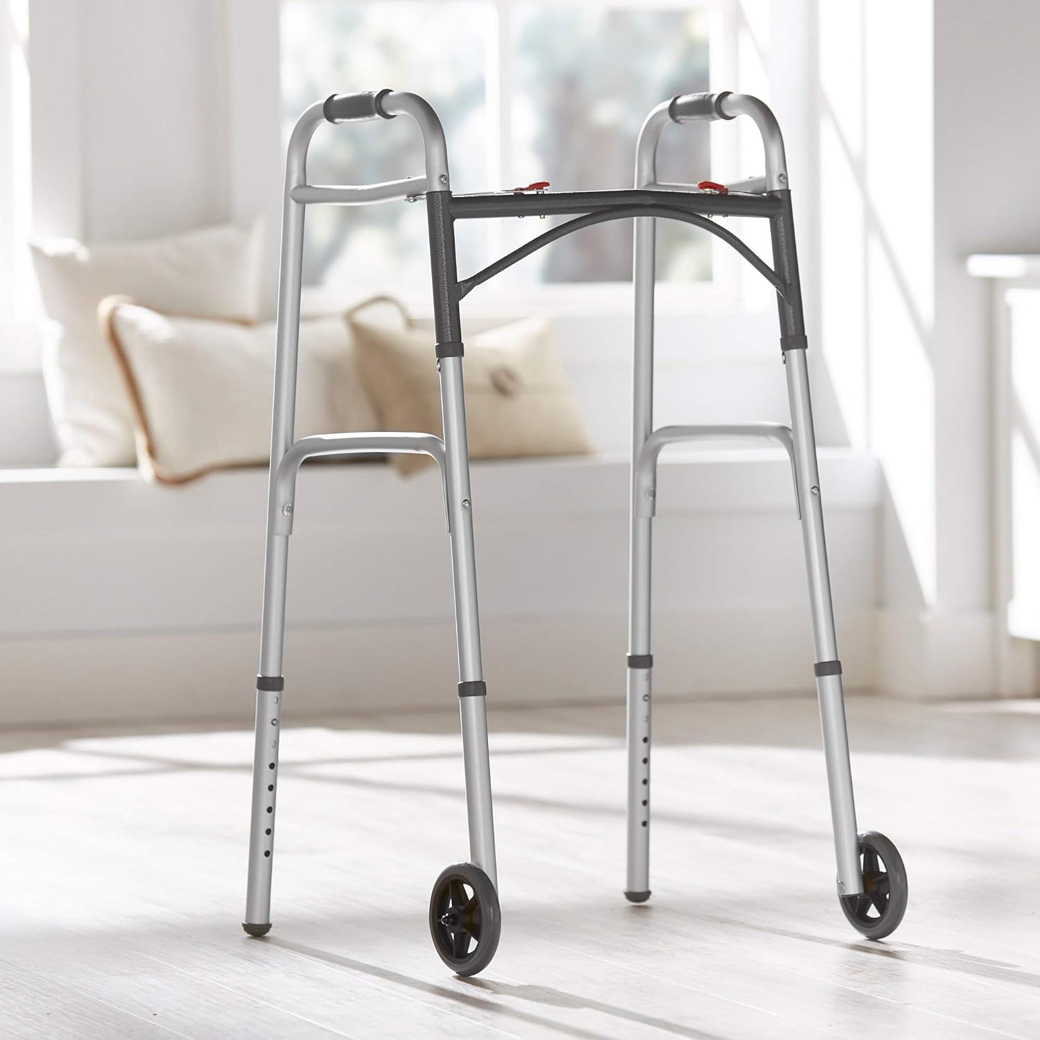 Dual Release Folding Walker with Wheels Adjustable Height McKesson Aluminum Frame 350 lbs. Weight Capacity 32 to 39 Inch Height