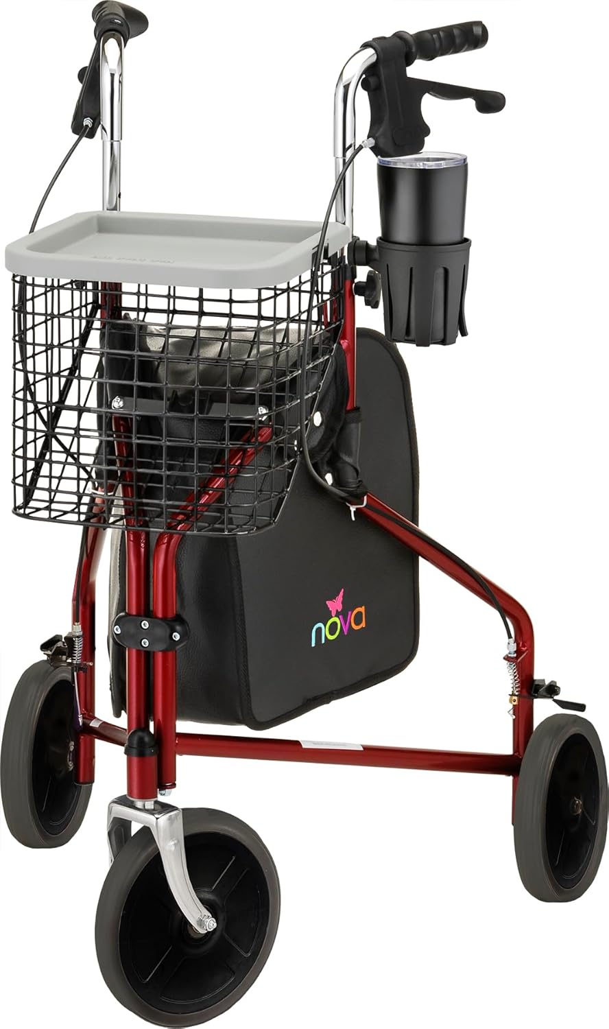 3 Wheel Rollator Traveler Red Adjustable Height / Folding Aluminum Frame, Packaging Type- Each