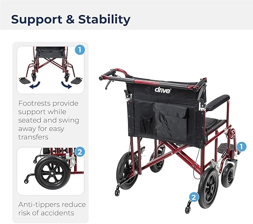 Drive Medical ATC22-R Transport Chair  22  Bariatric Red W/12 Rear Flat Free Wheels