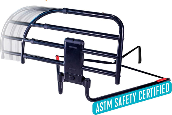Able Life Click-N-Go extendable bed rail with removable handle on a wood adjustable bed frame