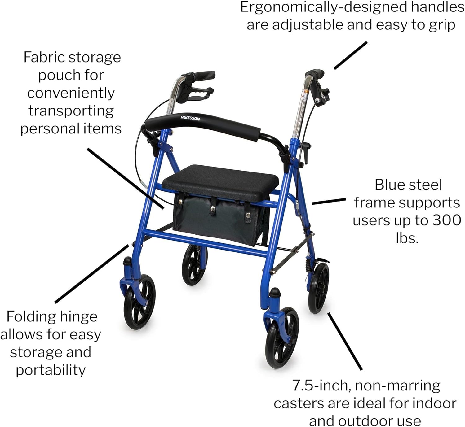 4 Wheel Rollator McKesson Blue Adjustable Height / Folding Steel Frame, Packaging Type- Each