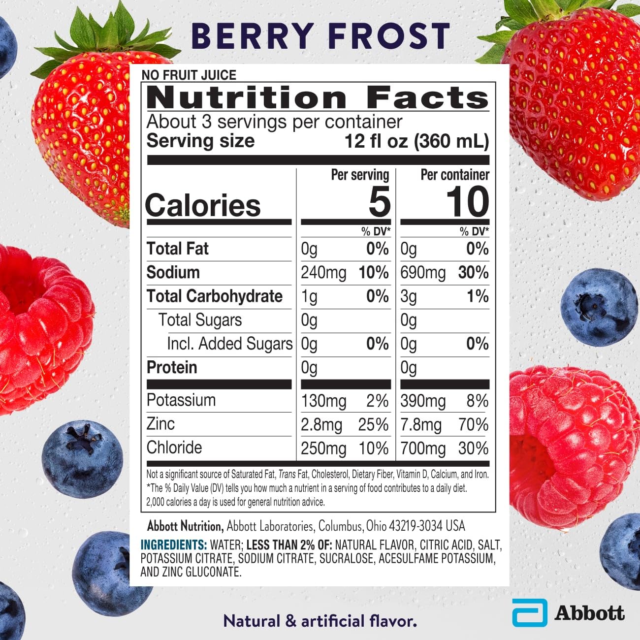 Oral Electrolyte Solution Pedialyte Zero Sugar Berry Frost Flavor 33.8 oz. Electrolyte,Packaging Type- Each