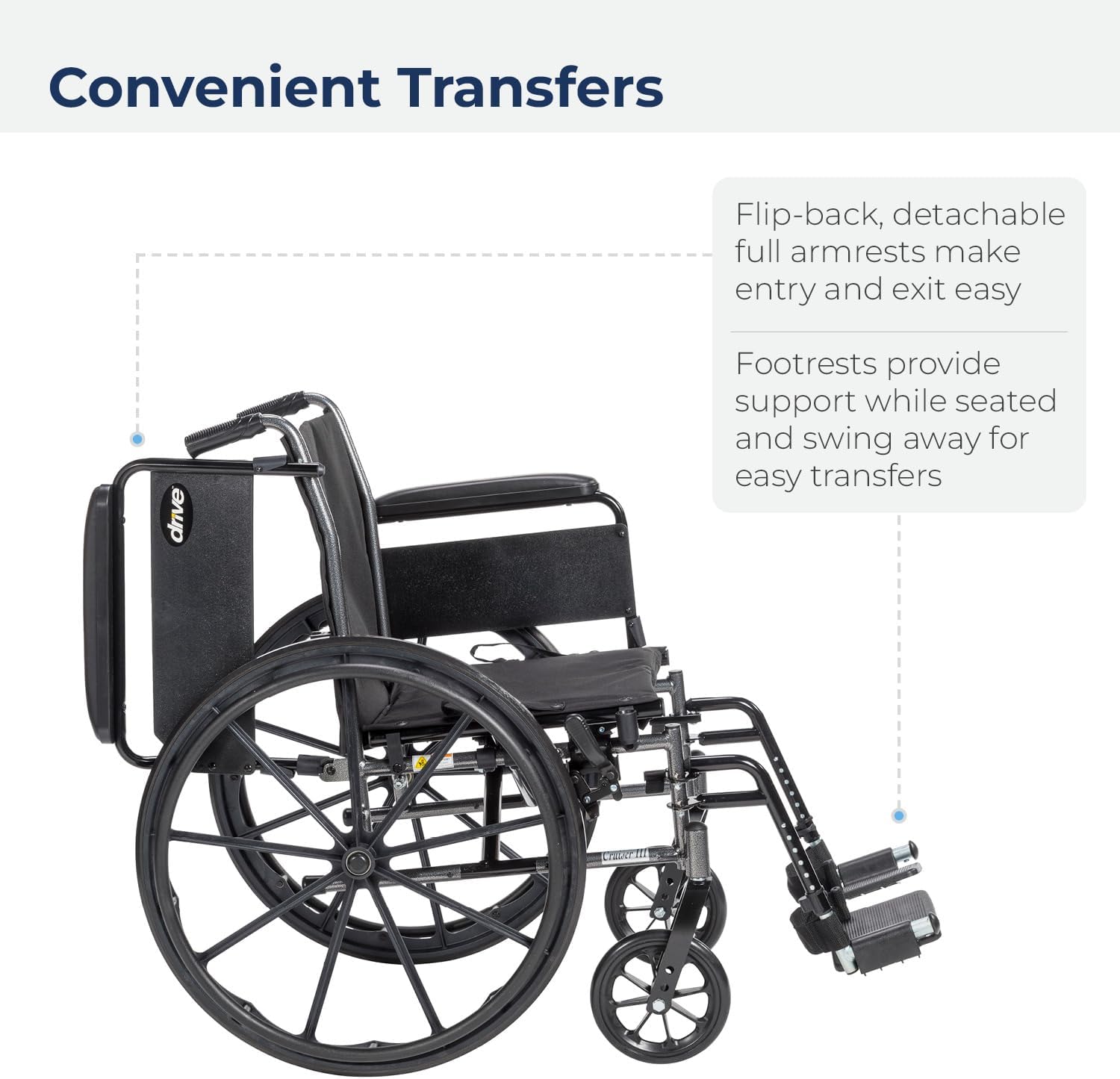 Lightweight Wheelchair drive Cruiser III Dual Axle Full Length Arm Elevating Legrest Black Upholstery 20 Inch Seat Width Adult 350 lbs. Weight Capacity, Packaging Type- Each